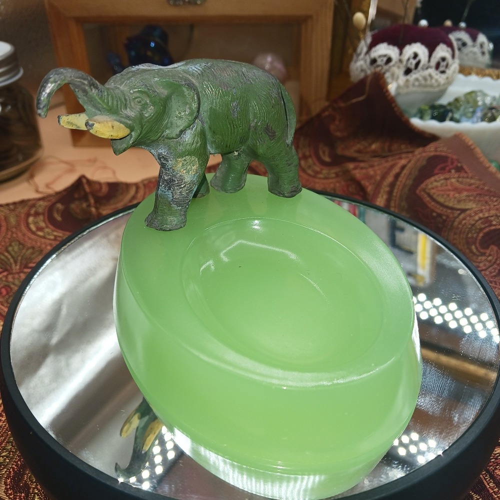 Jadeite Jadite Green Glass Pipe Rest w/ Brass Painted Metal Elephant Art Deco
